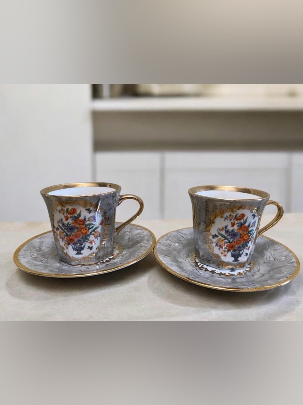 Vtg Lusterware Floral Porcelain Demitasse coffee/Espresso 2 cup&  Saucer Gold Tr